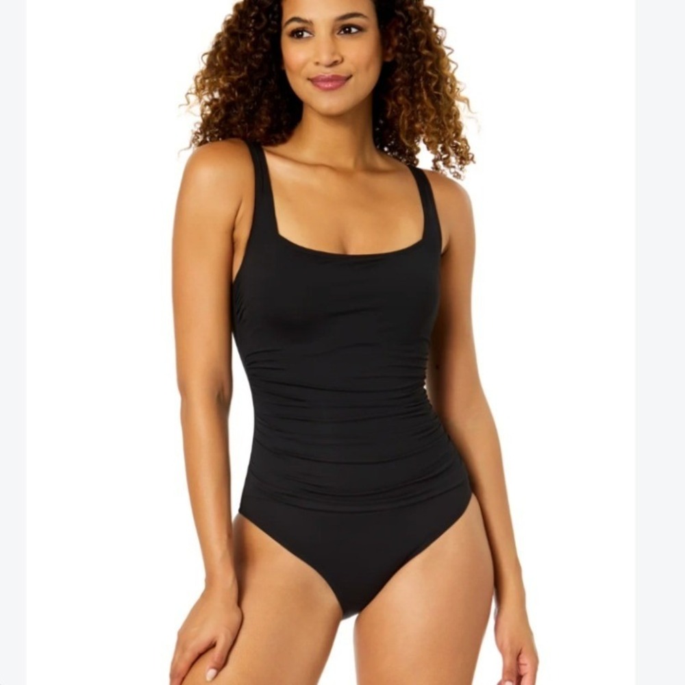 Anne Cole Live In Color Black Ruched One Piece Swimsuit 10 NEW